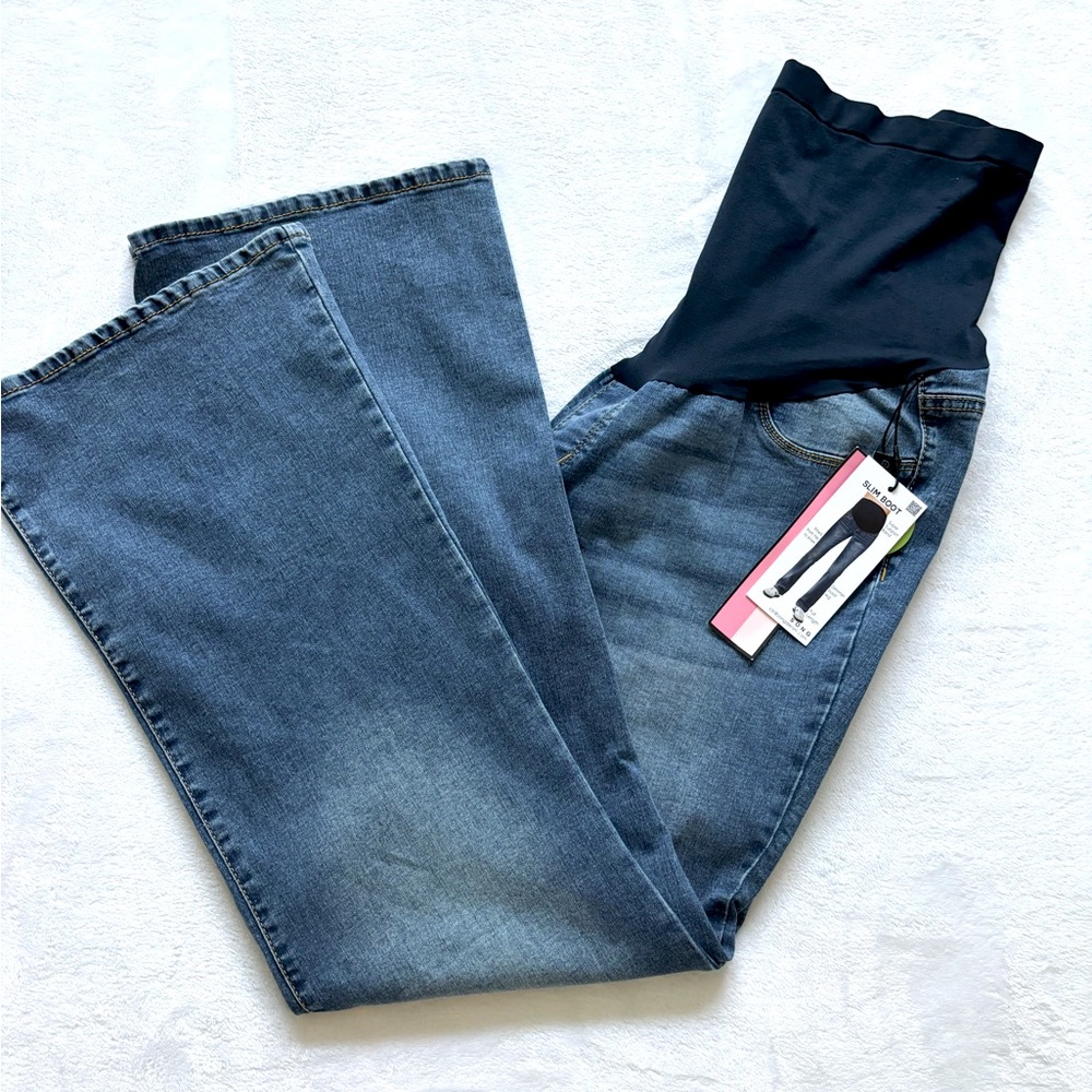 S.O.N.G. Maternity Over Belly Slim Boot Cut Blue Jeans--XL